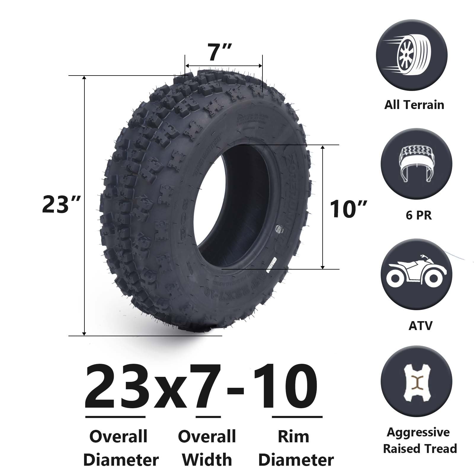 Garvee Set of 4 ATV UTV All-Terrain Tires 23x7-10 Front 22x10-10 Rear 6-Ply Tubeless