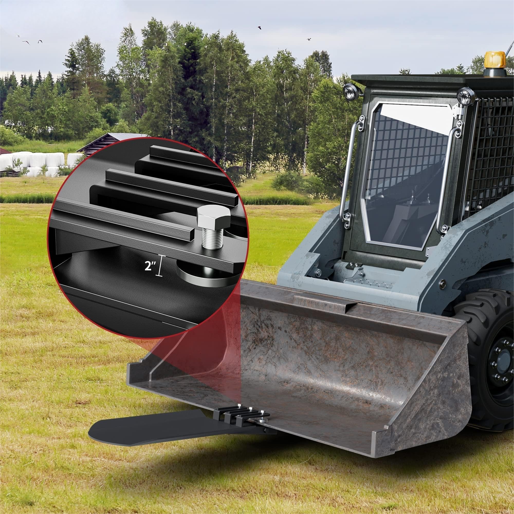 Garvee 46x19 Inch Clamp On Quick Spade Combo Bucket/Skid Steer Loader Fork, Attachment for Skid Steer, Tractor Bucket or Pallet Fork, Integrated Chain Hook, Dig Footings, Trenches & Stump Removal