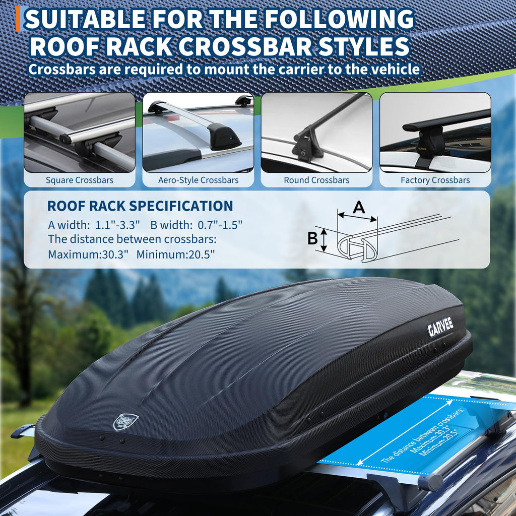 Garvee Rooftop Cargo Box Carrier, Dual-Side Opening Hard-Shell Roof Mount with 12 Cubic Feet Storage, 165 lbs Capacity, Secure Straps & Keys for Travel, Black