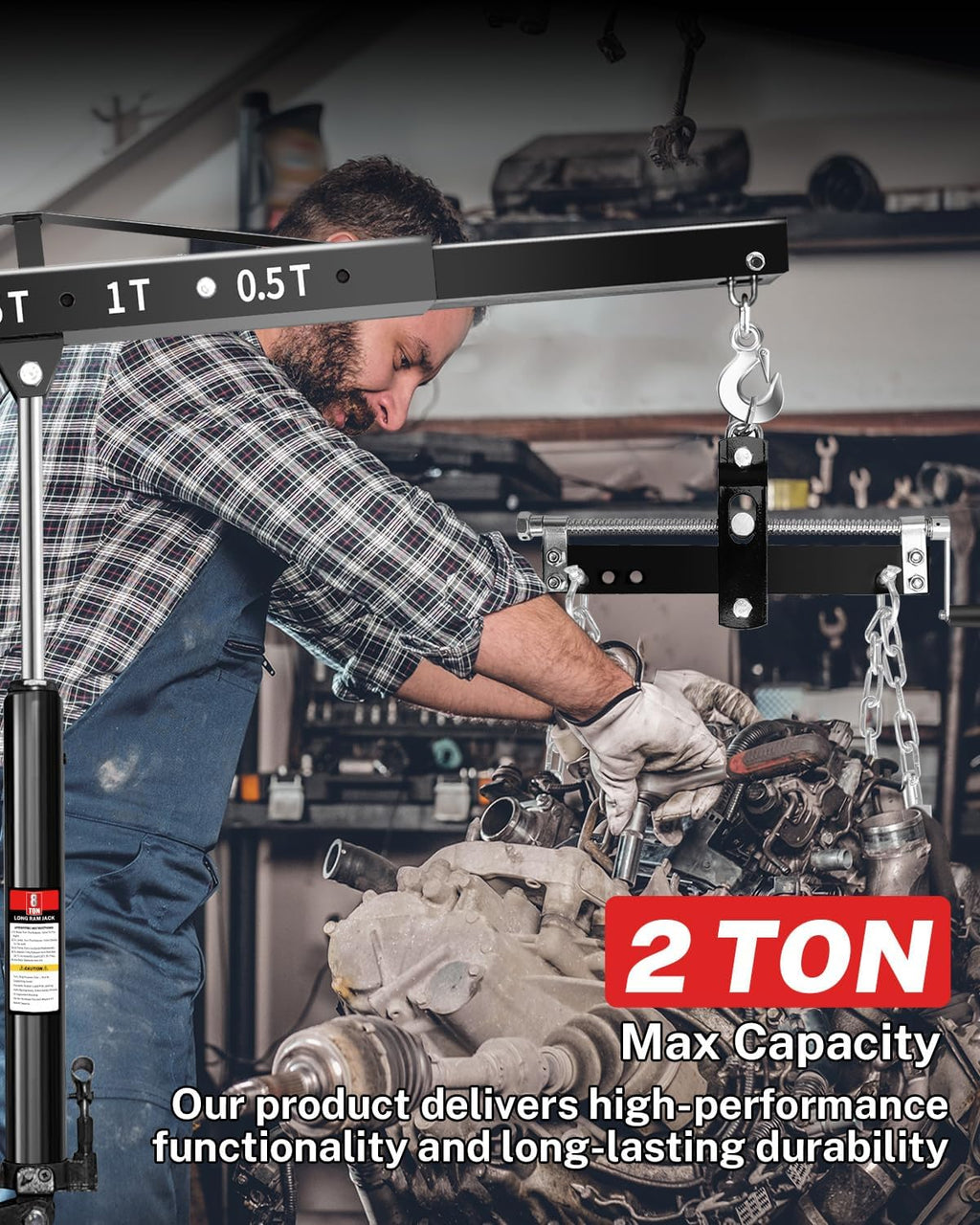 Garvee 2-Ton Hydraulic Engine Hoist Crane, 4400 lbs Folding Heavy-Duty Cherry Picker with Lever, 6 Locking Wheels, and 4 Boom Positions for Truck/SUV Engines, Garage, Workshop, and Industrial Lifting, Black