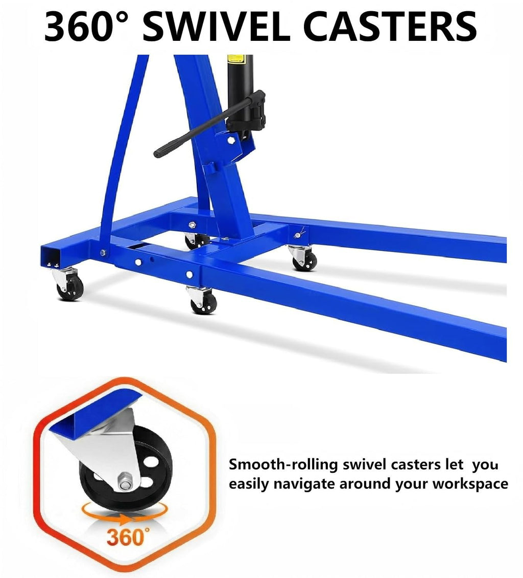 Garvee 2-Ton Engine Hoist - 4400 lbs Folding Hydraulic Cherry Picker, Heavy-Duty Shop Crane with 6 Caster Wheels and 4 Adjustable Boom Positions for Warehouse, Garage, and Workshop, Blue