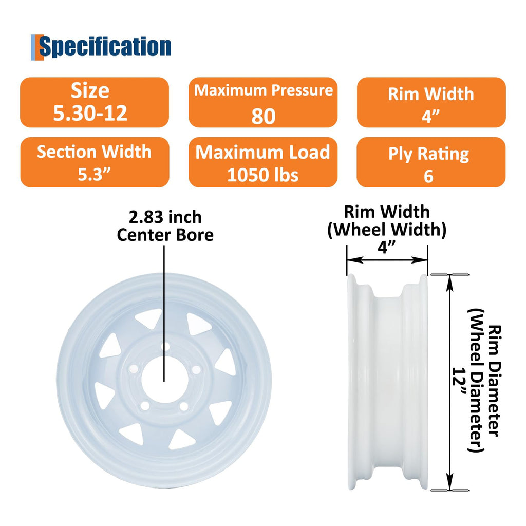 Garvee 5.30-12 Trailer Tire and Wheel Assembly, Heavy-Duty Load Range C 6PR, 12 Inch White Modular Wheel for Utility Boat Camper Trailers, Set of 2