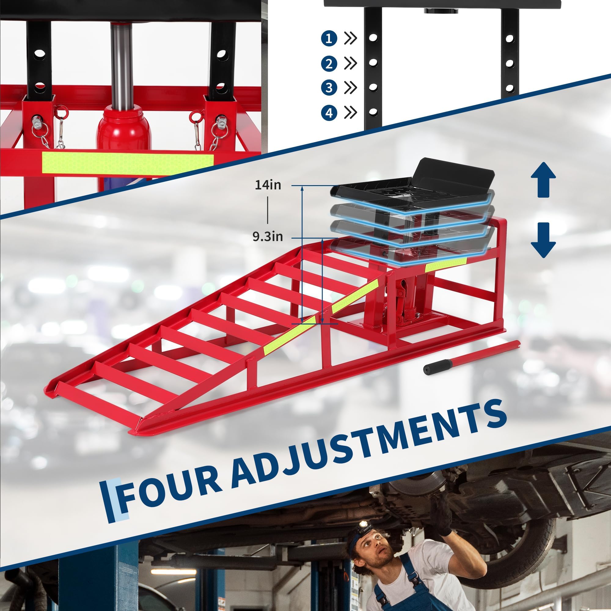 Garvee 5-Ton Hydraulic Car Ramps - Heavy-Duty Vehicle Lift with Reflective Strips for Night Use, Adjustable Height from 9.8" to 15", Portable Auto Service Ramps for Oil Changes and Truck Maintenance in Garage