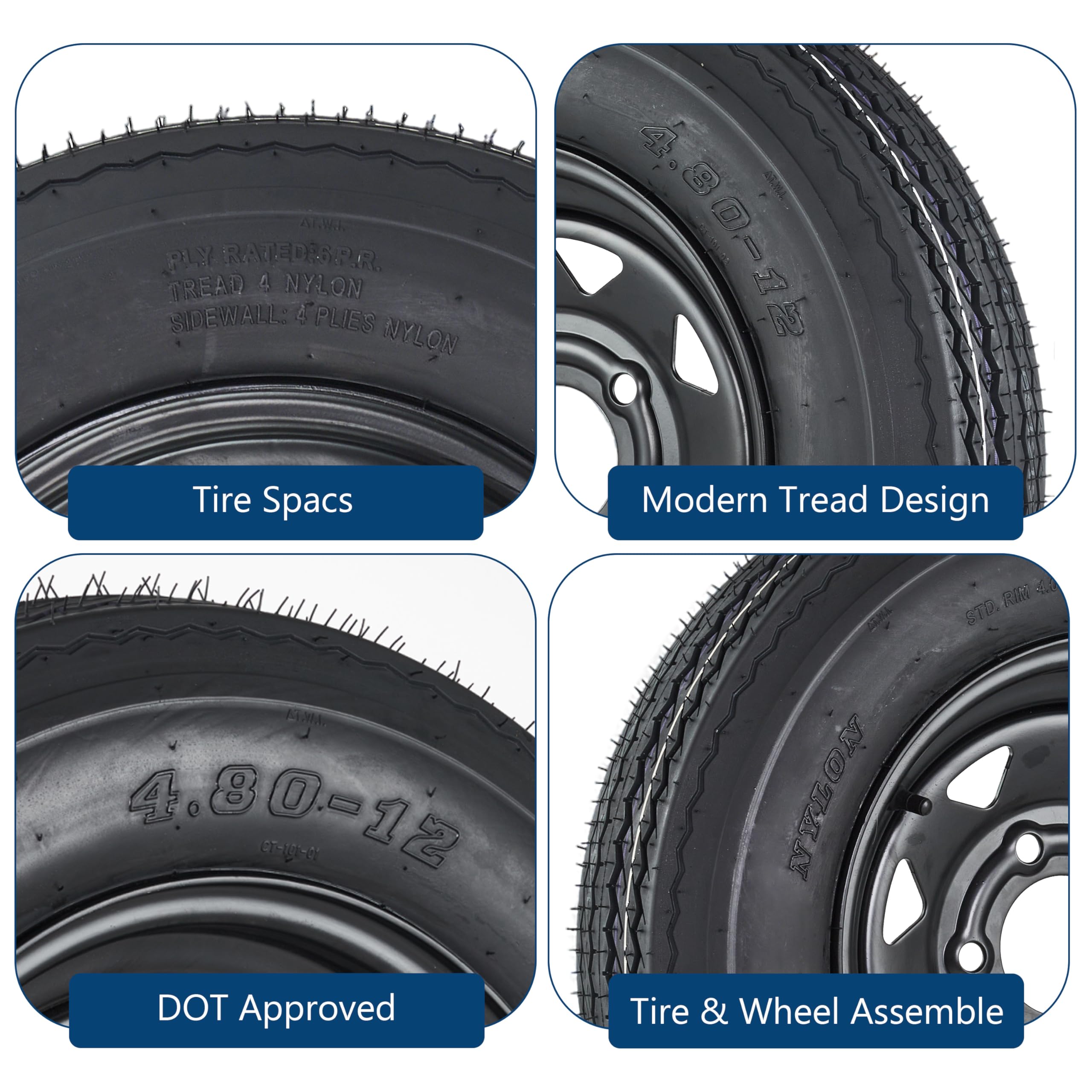 Garvee 4.80-12 Trailer Tires with 12 in Rims, 5 Lug, Load Range C, Multi-Function Lawn Mower & Tractor Tires, Black, 2 Pack