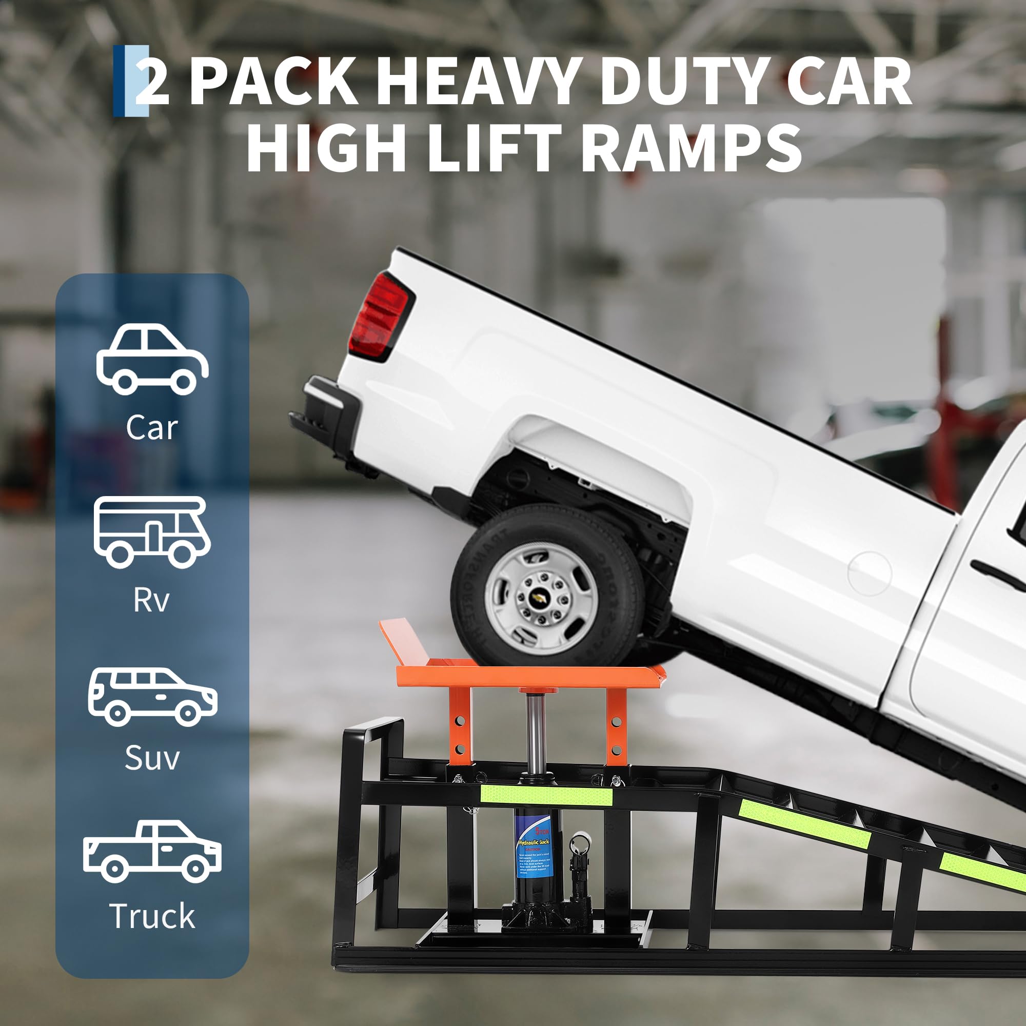 Garvee 5 Ton Hydraulic Car Ramps Heavy Duty Vehicle Lift With Reflective Strips For Night Use Adjustable Height 9.8"-15" Portable Auto Service Ramps Black