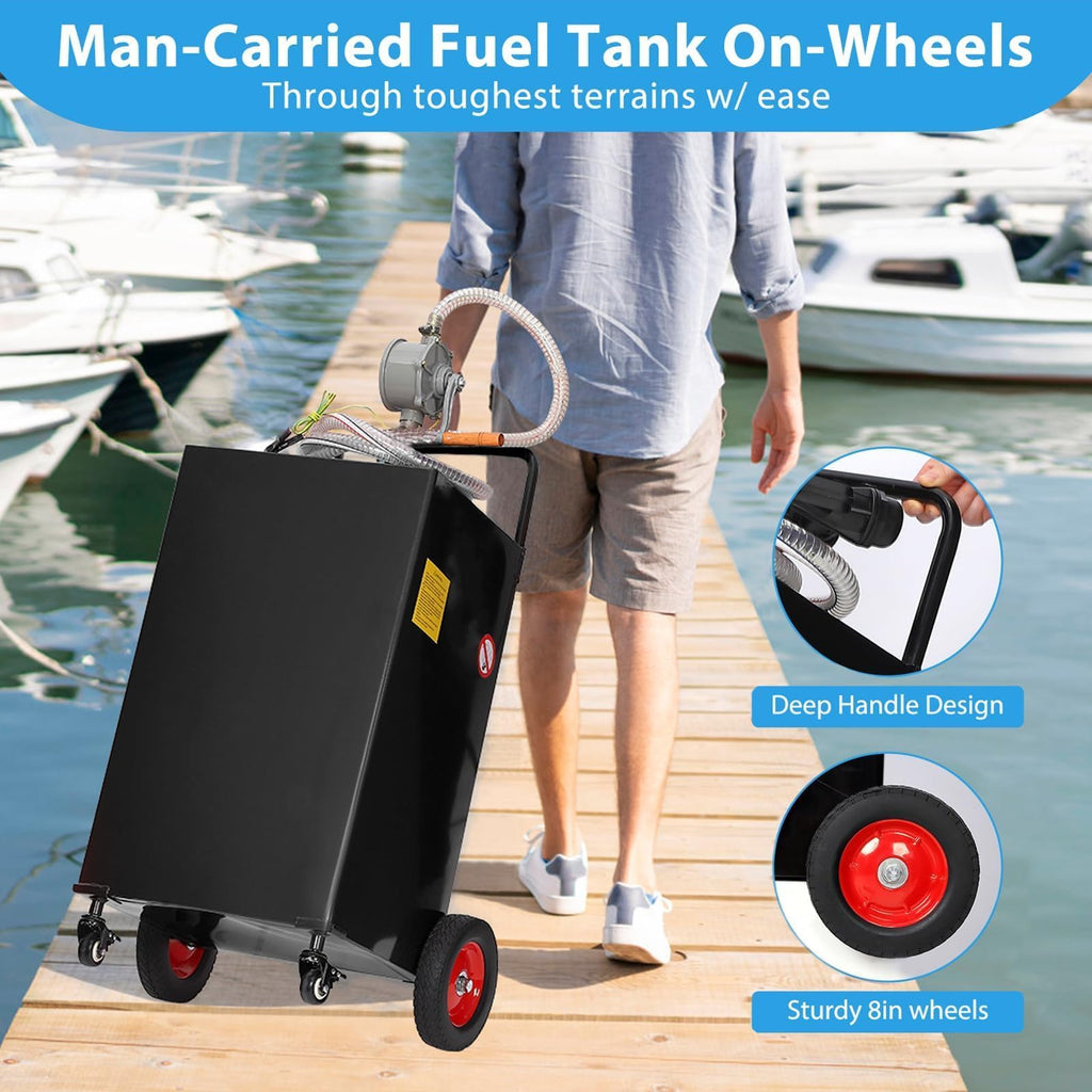 Garvee 30 Gallon Fuel Gas Caddy with 8 Inch Wheels Siphon Pump, Manual Nozzle 360° Swivel Connector, Portable for Car Mower Tractor Boat Motorcycle, Black