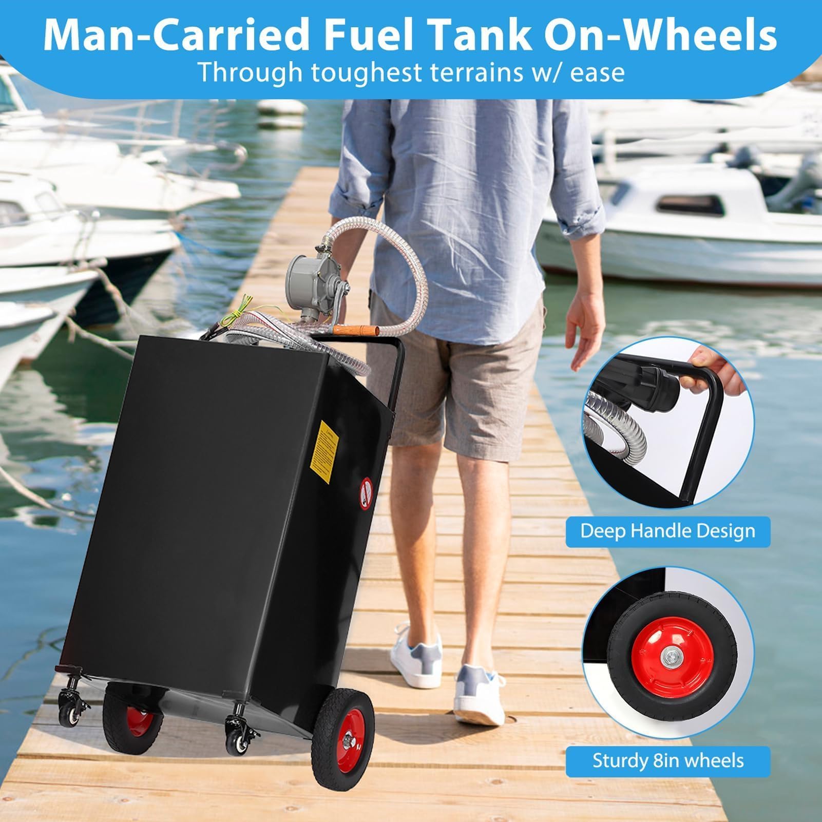 Garvee 30 Gallon Fuel Gas Caddy with 8 Inch Wheels Siphon Pump, Manual Nozzle 360° Swivel Connector, Portable for Car Mower Tractor Boat Motorcycle, Black