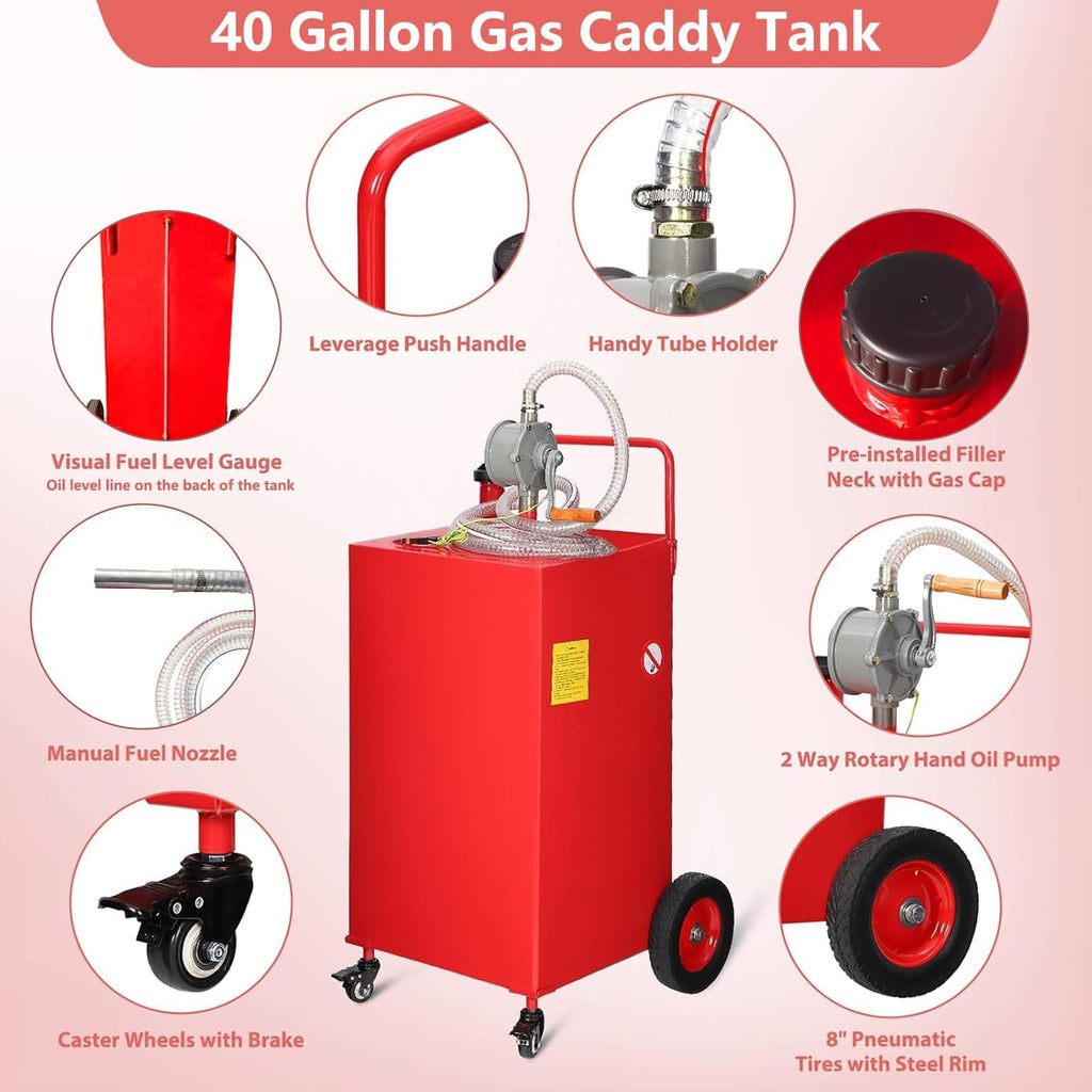 Garvee 40-Gallon Fuel Caddy - Portable Polyethylene Gasoline and Diesel Tank with Manual Rotary Pump, 360° Swivel Connector, 4 Wheels, and Side Hook for Cars and Boats, Red