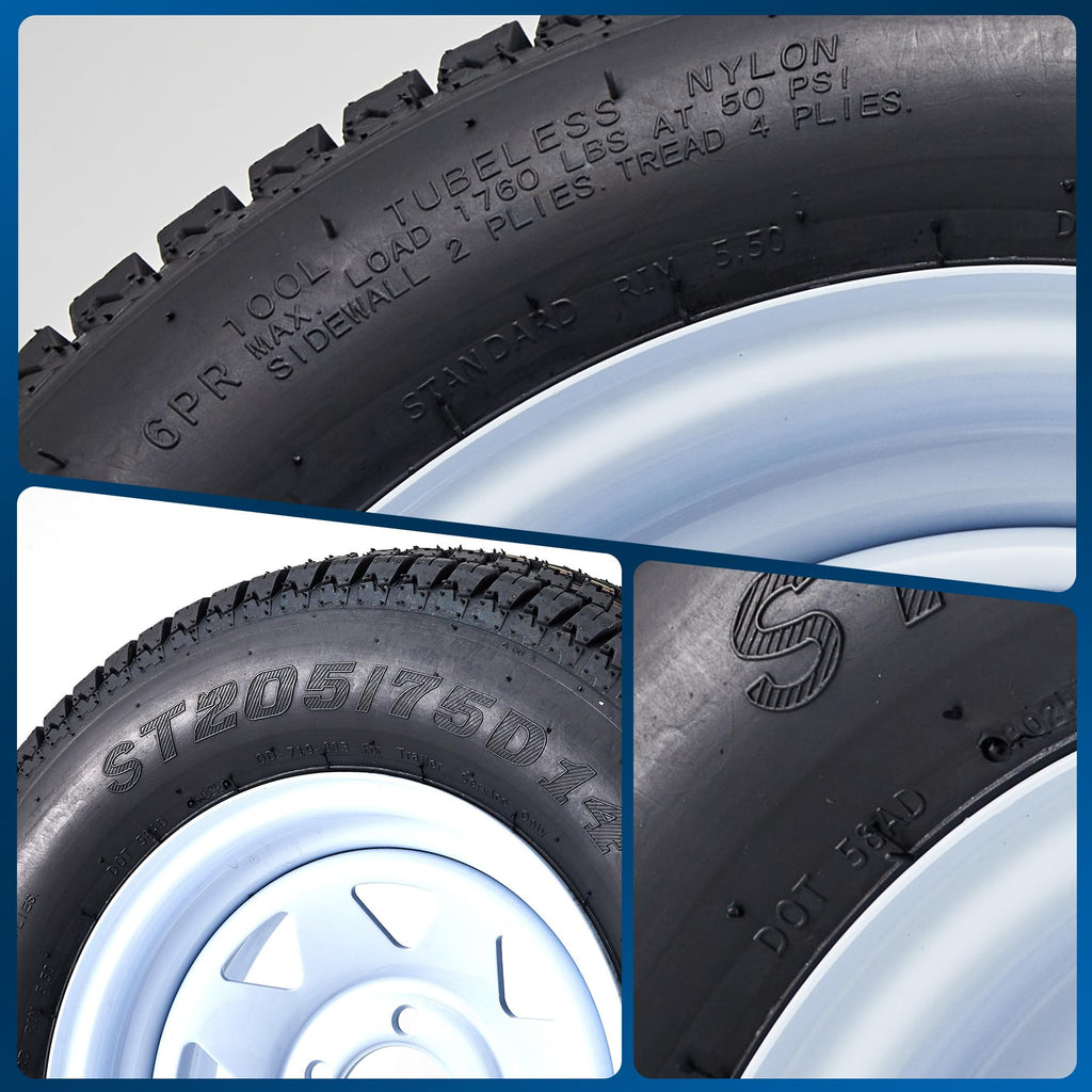 Garvee ST205/75D14 Trailer Tires, Set of 2, Load Range C 6PLY, 14" White Spoke Rims, Max Load 1760 LBS, 5 Lug on 4.5", Durable All-Terrain Design for Utility & Boat Trailers
