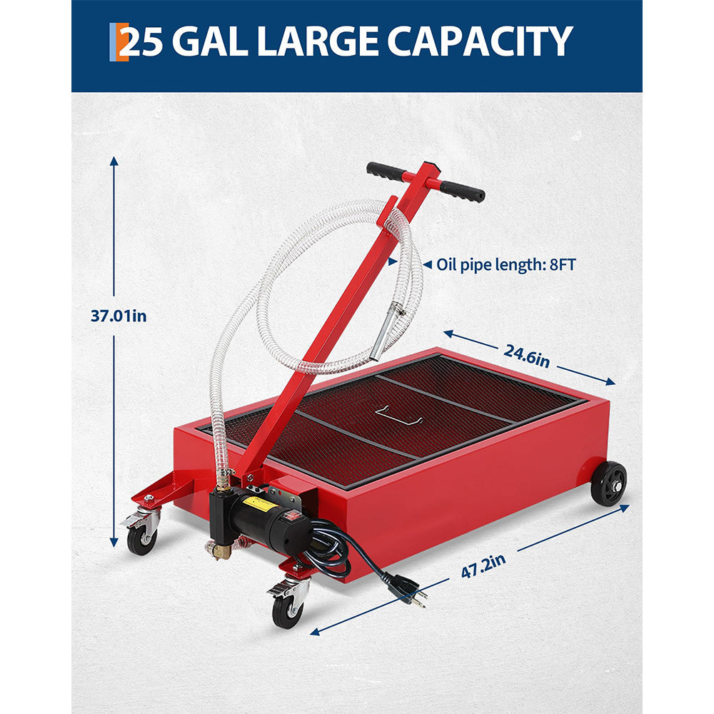 Garvee 25 Gallon Oil Drain Pan with 110V 180W Electric Pump, Metal Cart, 8FT Hose, Folding Handle, Wheels, for Cars, SUVs, Trucks, Buses, RVs