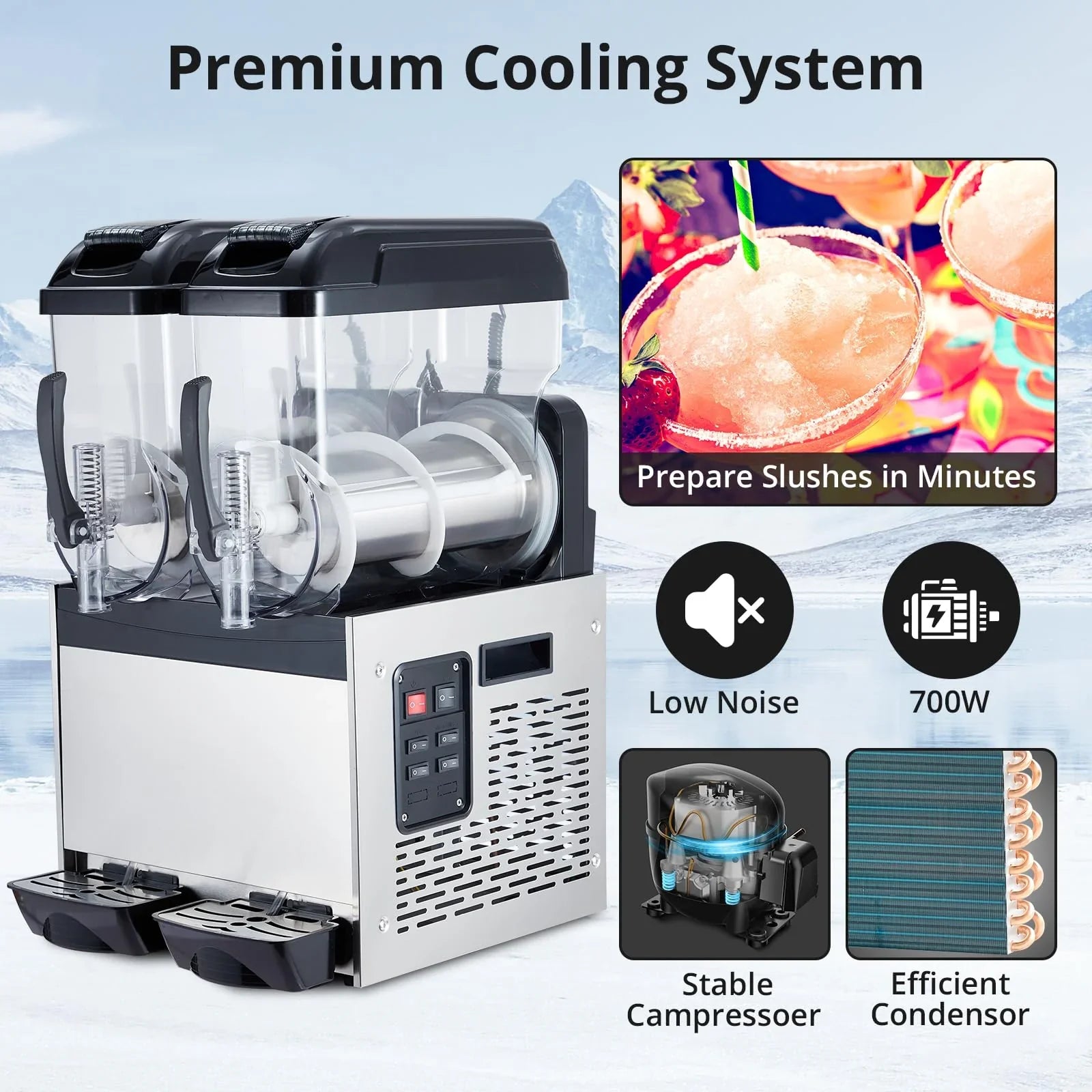 Garvee 24L Commercial Slushy Machine, 700 Watts, Self-Cleaning, Stainless Steel for Margaritas, Snow Melts, Cocktails, Homes, Coffee Shops, Restaurants