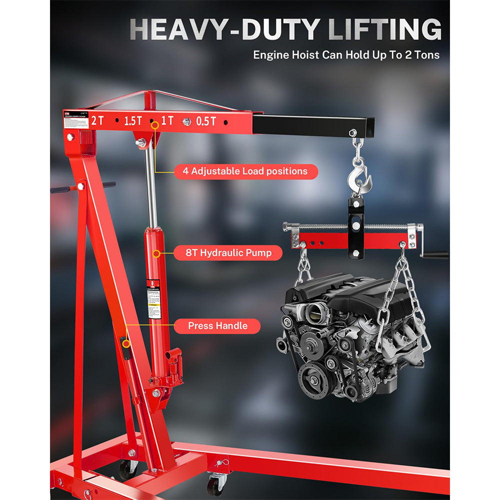 Garvee 2-Ton Hydraulic Engine Hoist Crane with 6-Wheel Stability, Folding Design, Military-Grade Steel, Locking Brakes, Adjustable Boom - Garage & Workshop, Red