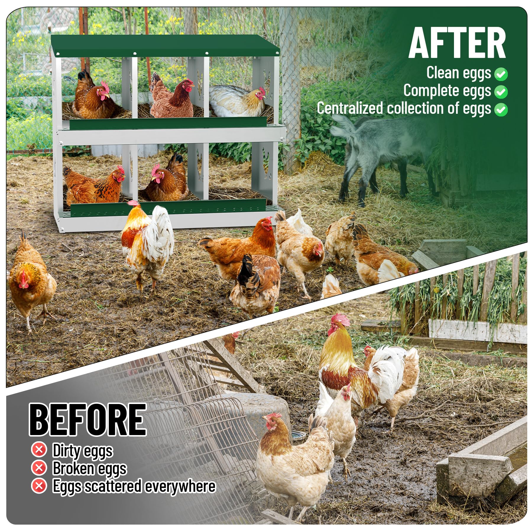 Garvee 6 Compartments Metal Chicken Nesting Boxes, Nesting Boxes, Chicken Laying Box with Roll Out Egg Collection with Vented Holes, Green
