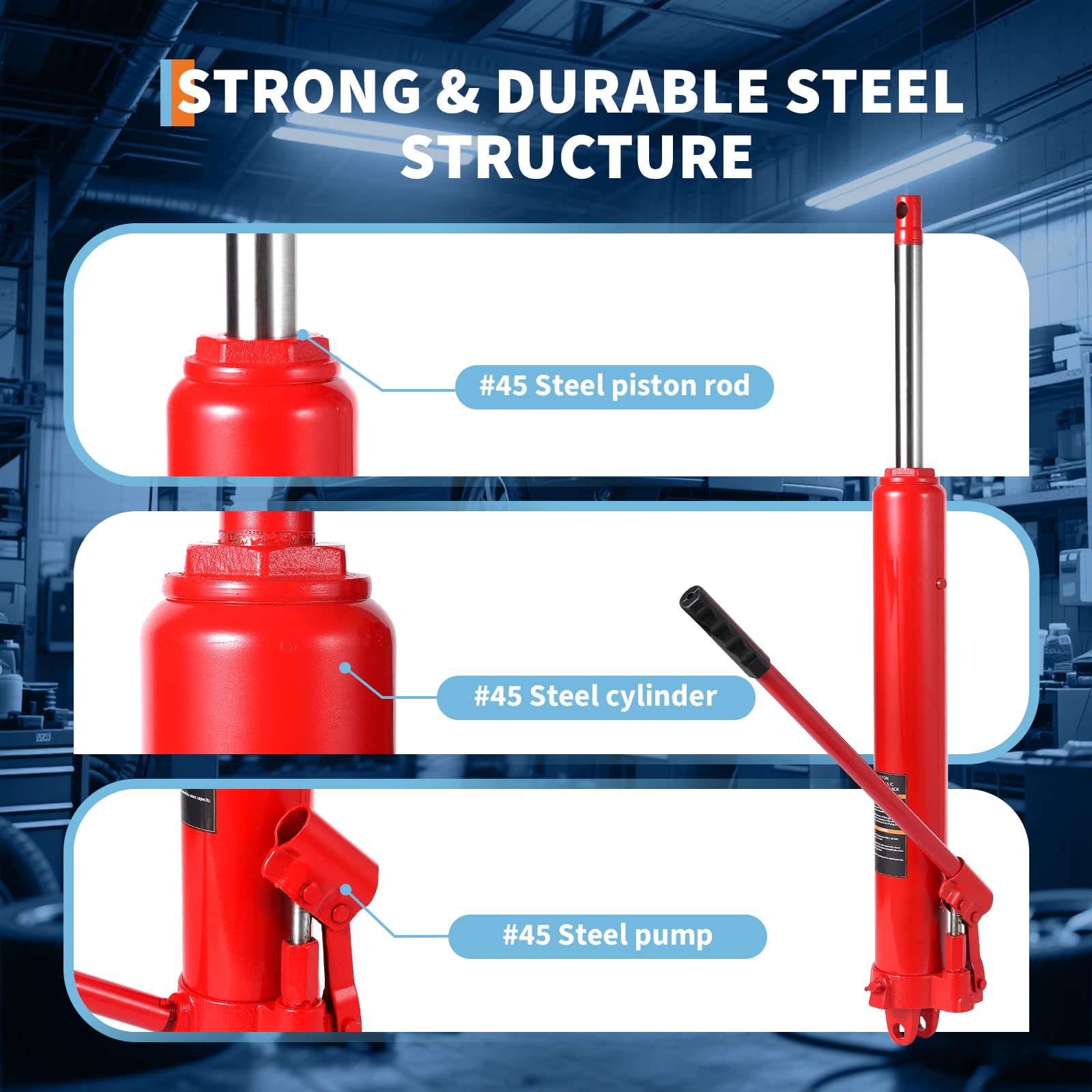 Garvee 8 Ton Hydraulic Long Ram Jack with Single Piston Pump & Clevis Base for Engine Hoists, Garage Cranes, Farm Use, Adjustable 24.8"-43.7", Heavy Duty Steel