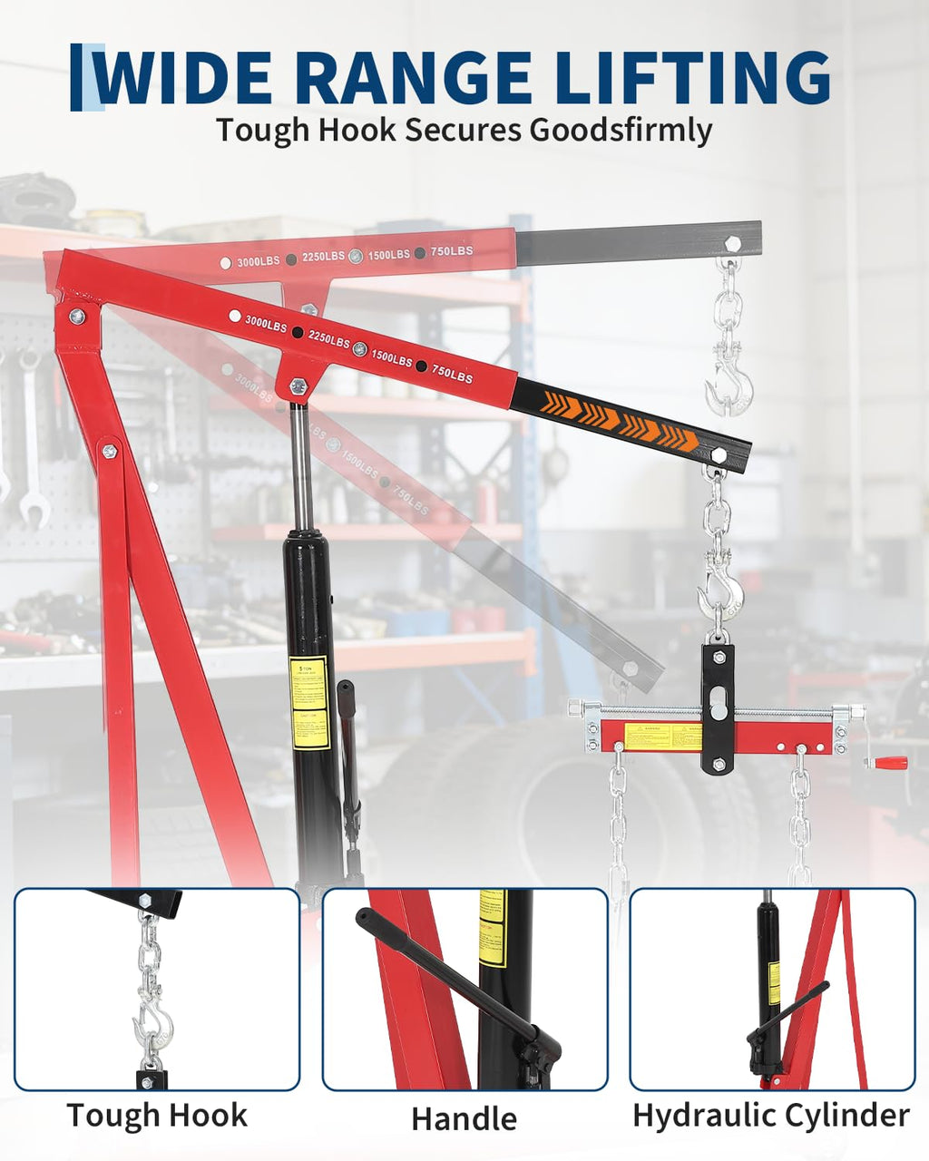 Garvee Portable Hydraulic Engine Hoist, 1.5 Ton (3000 LBS) Capacity Shop Crane with Telescopic Boom & 4 Swivel Casters, Cherry Picker Lift for Home Garage, Auto Repair, and Warehouse Use, Heavy-Duty, Red