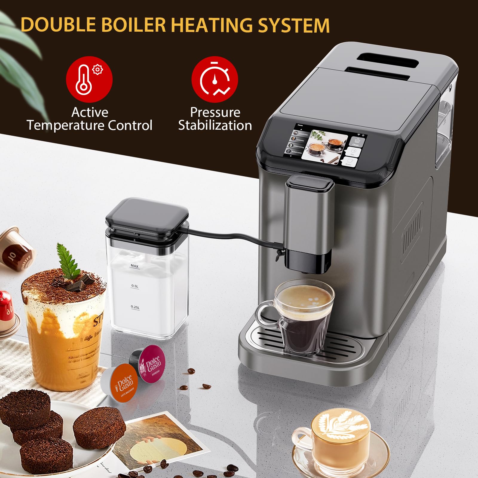 Garvee 20 - Bar Fully Automatic Espresso Machine - Touch Screen, Built - in Frother, Milk Container (Grey)