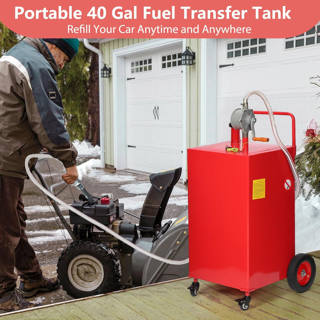 Garvee 40-Gallon Fuel Caddy - Portable Polyethylene Gasoline and Diesel Tank with Manual Rotary Pump, 360° Swivel Connector, 4 Wheels, and Side Hook for Cars and Boats, Red