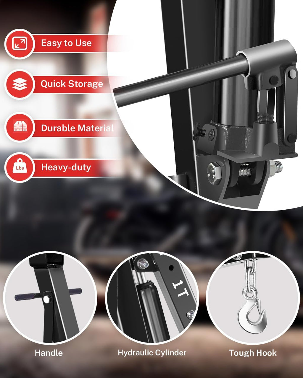 Garvee 2-Ton Hydraulic Engine Hoist Crane, 4400 lbs Folding Heavy-Duty Cherry Picker with Lever, 6 Locking Wheels, and 4 Boom Positions for Truck/SUV Engines, Garage, Workshop, and Industrial Lifting, Black