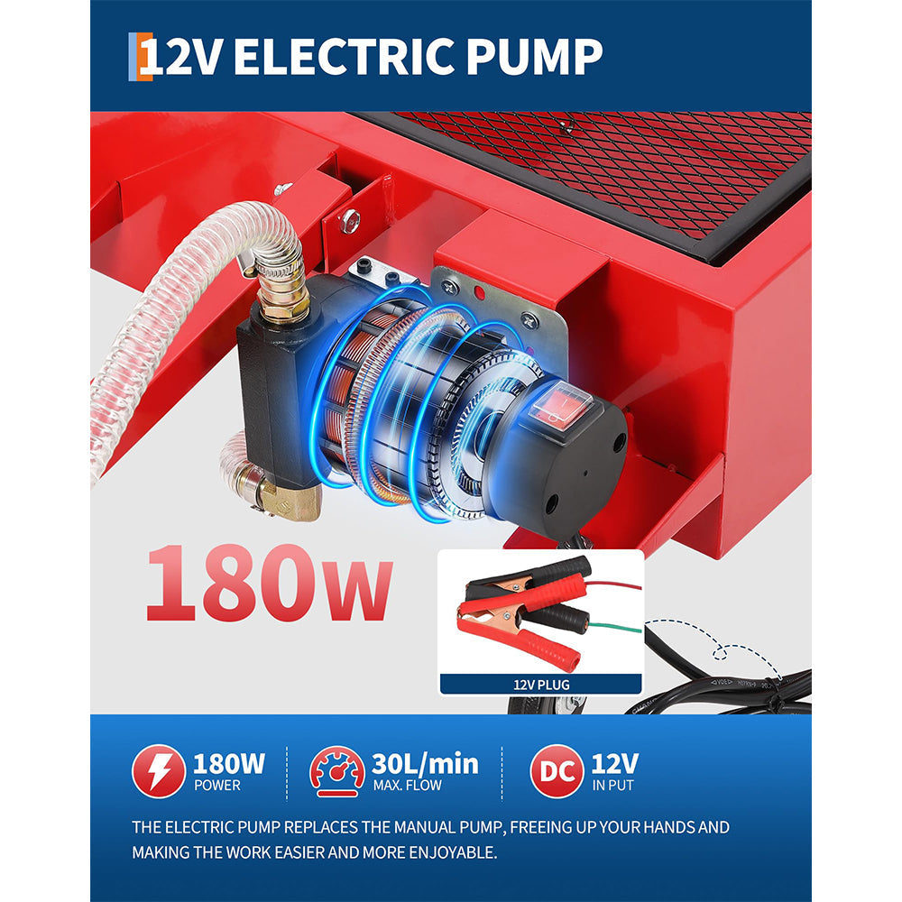 Garvee Low Profile Oil Drain Pan 20 Gallon with 12V Electric Pump, Folding Handle, Carbon Steel, 8FT Hose, Wheels, for Cars and Trucks
