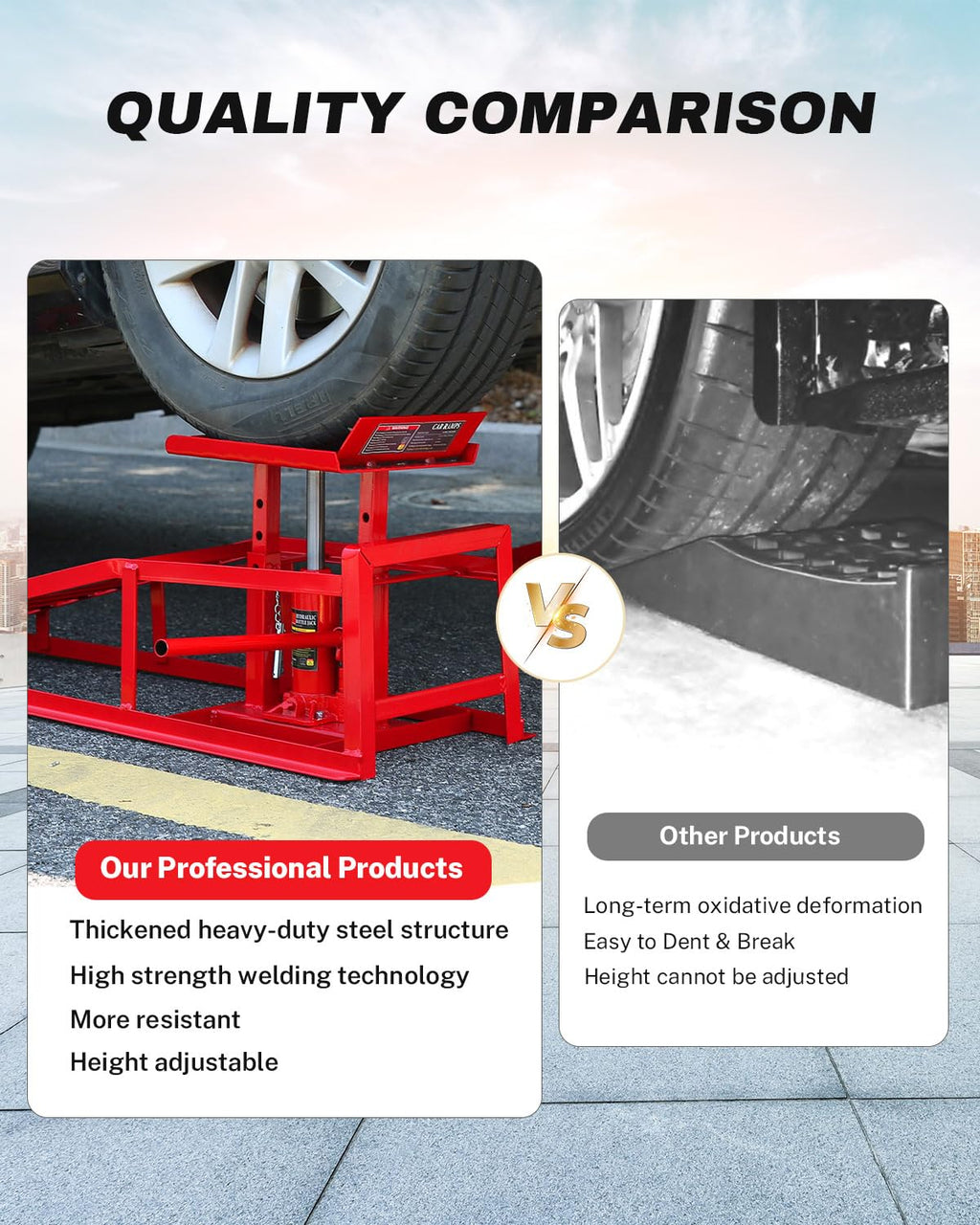 Garvee Hydraulic Car Ramps - 5T Capacity, Adjustable Height (9.3"-14"), Steel with Anti-Slip Plate, Ring Chain Bolt for Cars, SUVs, and Light Trucks, Red