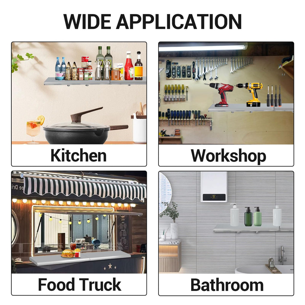 Garvee Folding Concession Shelf 72" x 12" - 304 Stainless Steel, Wall Mount, Drop Down, for Food Truck, BBQ, Restaurant