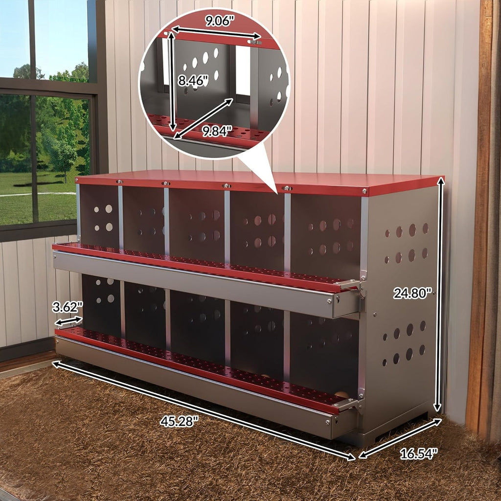 Garvee 10-Compartment Galvanized Steel Nest Box - w/Perch Rod, Egg Tray & Ventilation, Rustproof for Poultry Coops Quick Assembly