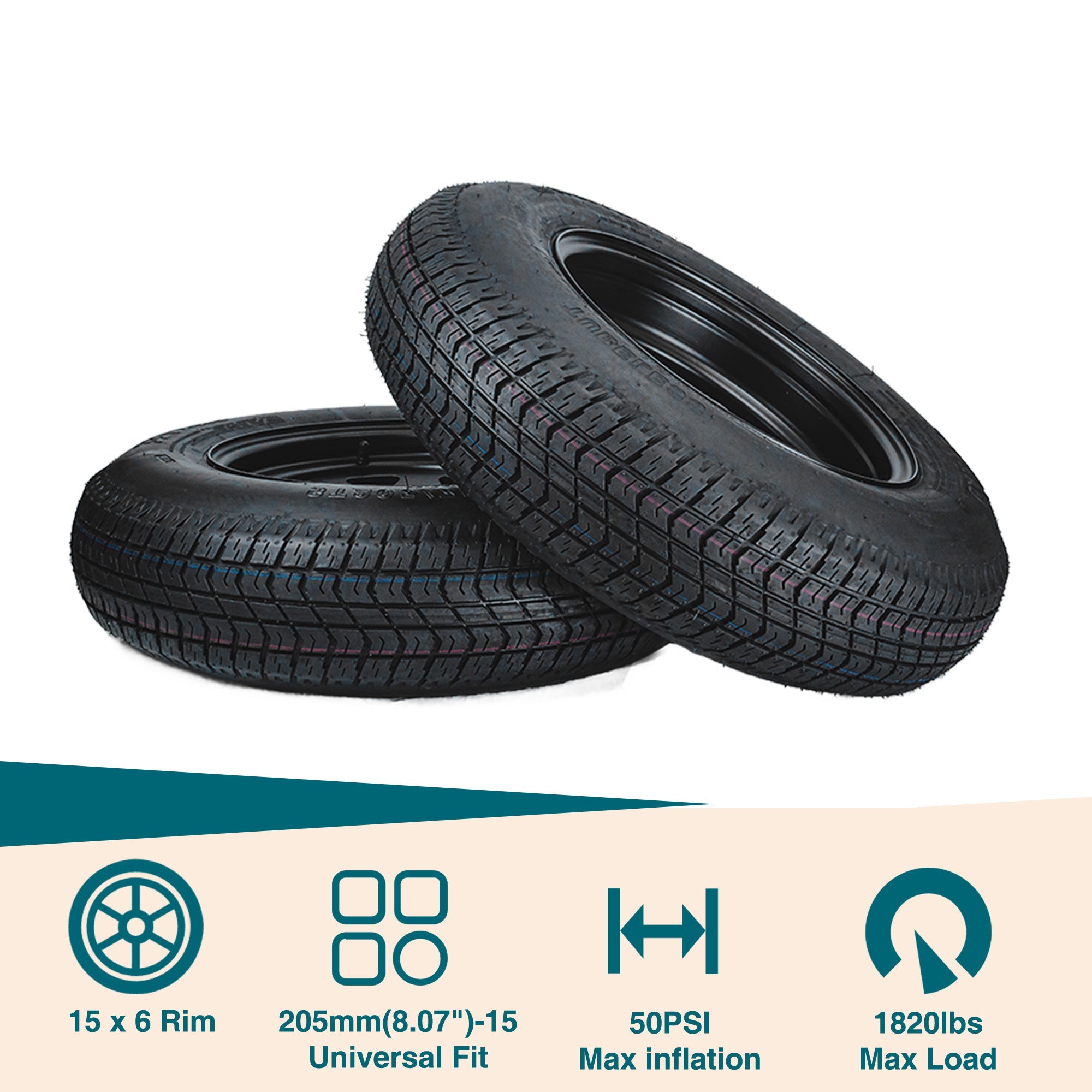 Garvee 2-Pack Trailer Tire On Rim ST205/75D15 15In Black 5 Lug 4.5" PCD Load Range C
