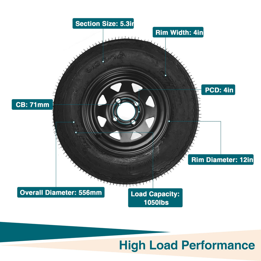 Garvee 5.30-12 Trailer Tires with Rims, 2 Pack, Load Range C 6PLY, 12"x4" Black Wheels 4 Lug on 4", Max Load 1050 LBS @ 80 PSI, Reinforced Nylon Design for Utility, Cargo & Camper Trailers