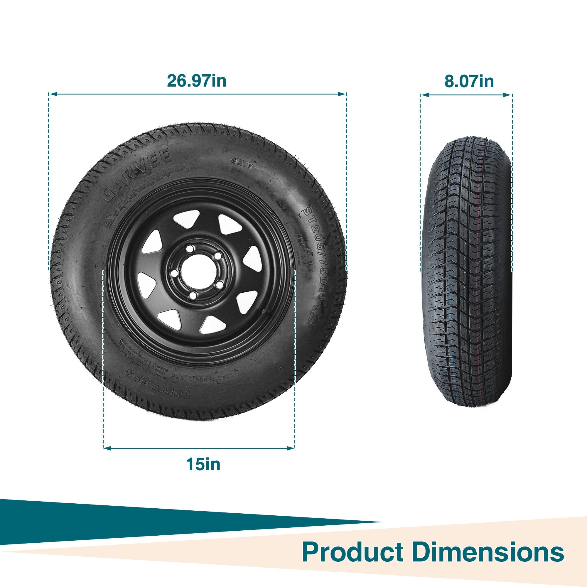 Garvee 2-Pack Trailer Tire On Rim ST205/75D15 15In Black 5 Lug 4.5" PCD Load Range C