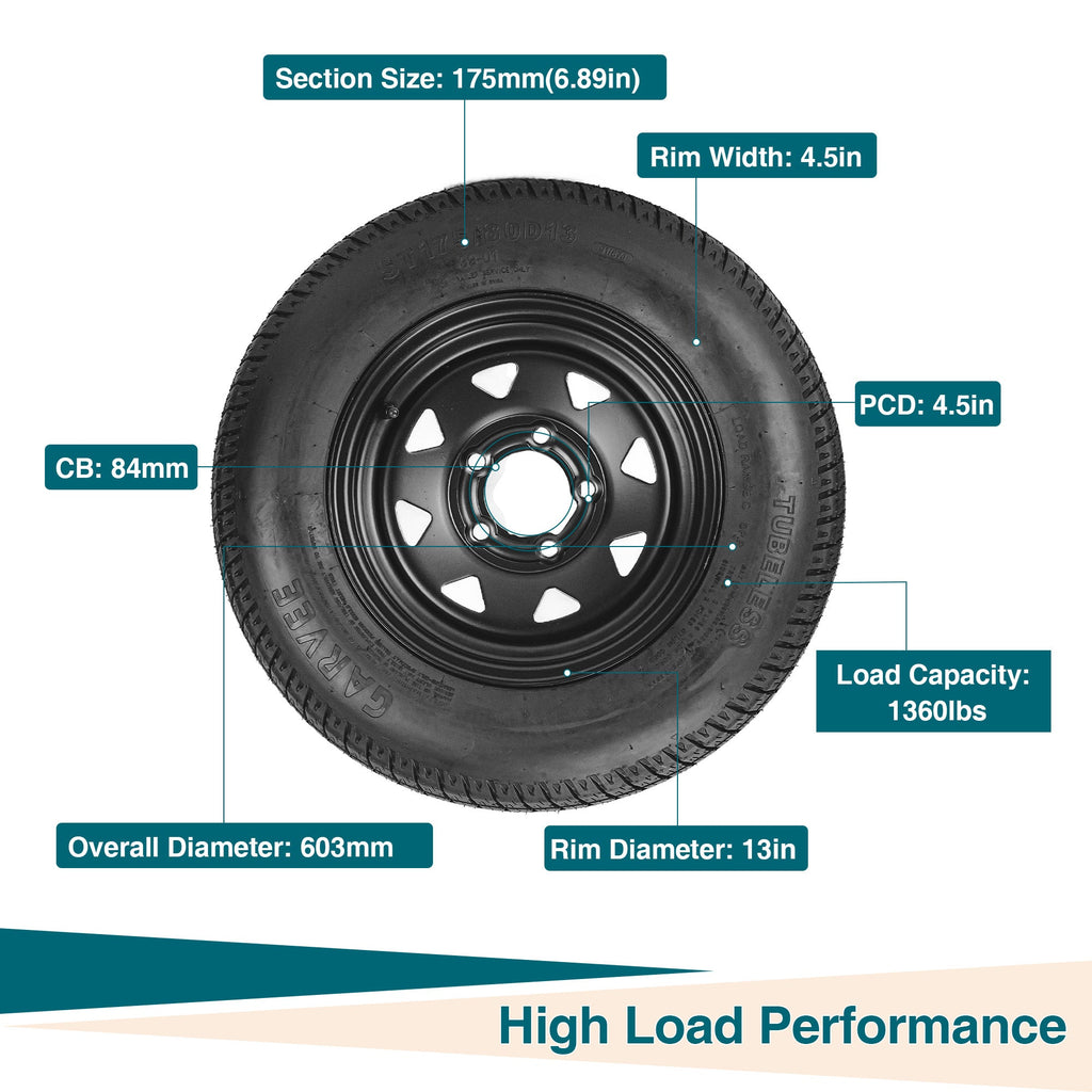 Garvee 2-Pack ST175/80D13 Trailer Tires on 13" Rims, 5 Lug 4.5" PCD, Load Range C 6PR, Black Trailer Wheels