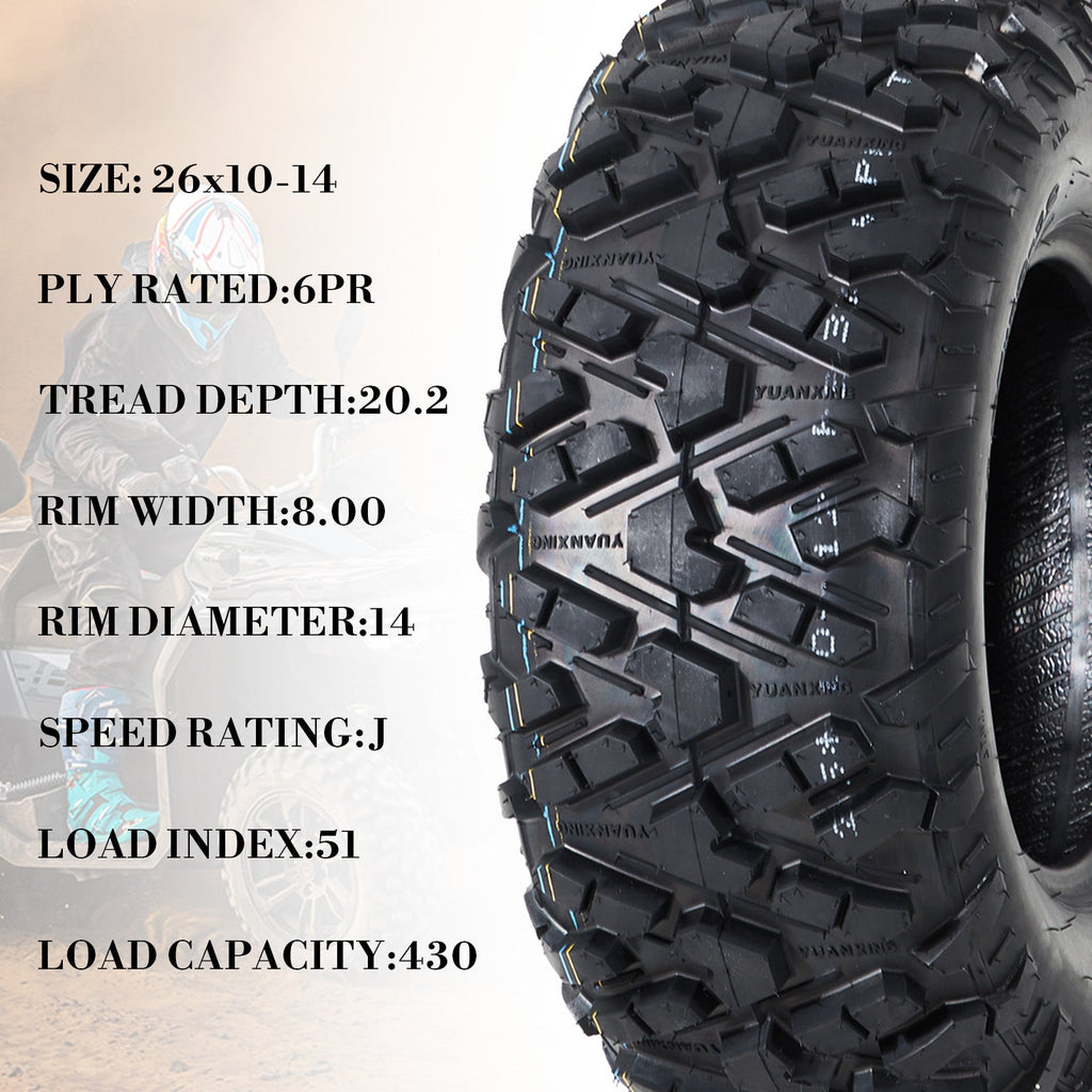 Garvee 26x10-14 ATV Tires (Set of 2) - 6PR Tubeless Heavy-Duty All-Terrain Tires for ATV/UTV, Ideal for Mud, Sand, Dirt, Snow, & Off-Road