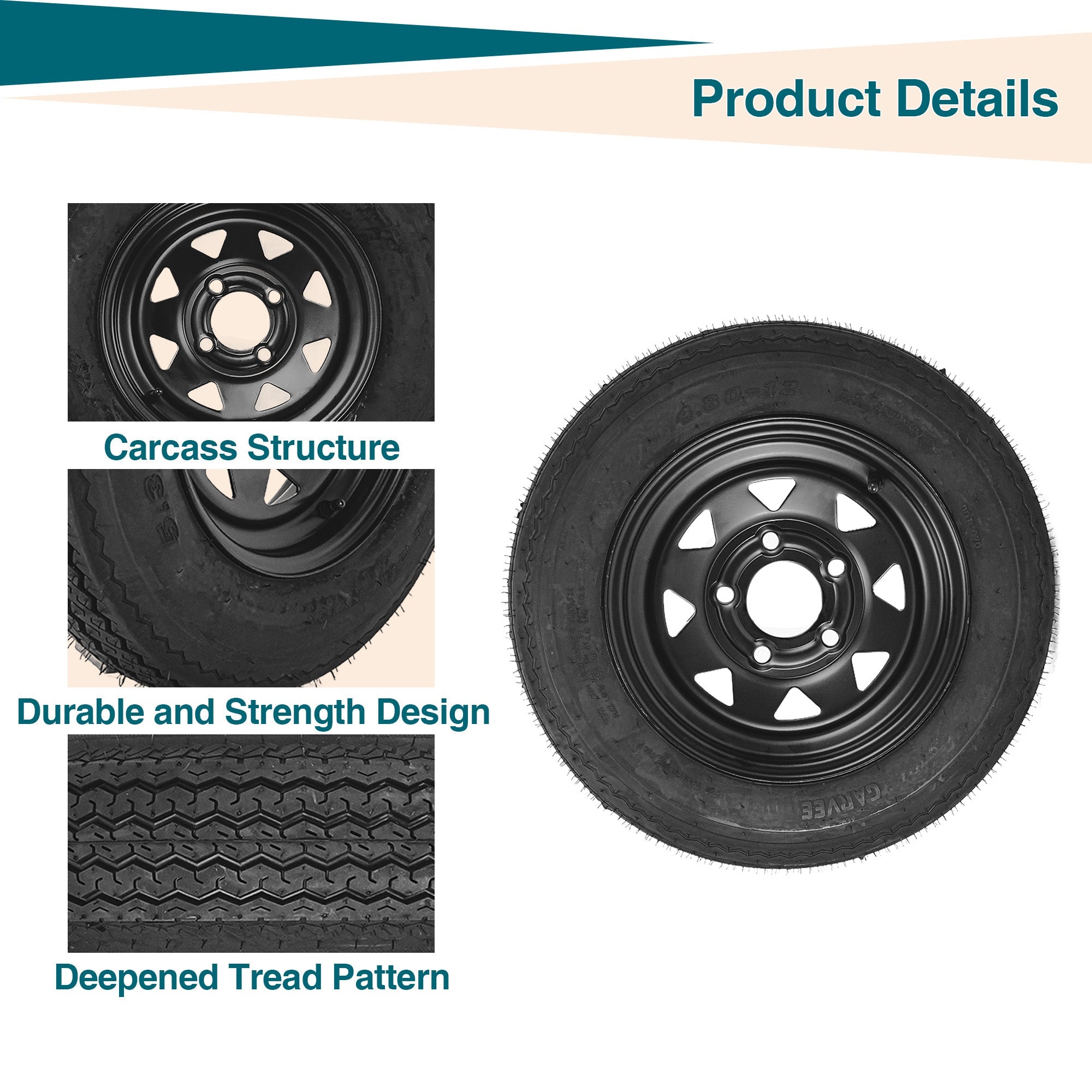 Garvee 2-Pack Trailer Tire On Rim 4.80-12 5 Lug Utility Trailer Tires 12In Black