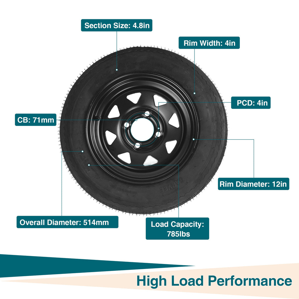 Garvee 2-Pack Trailer Tire On Rim 4.80-12 480-12 4.80x12 Trailer Tires 4 Lug 4" PCD 12In Wheels Black