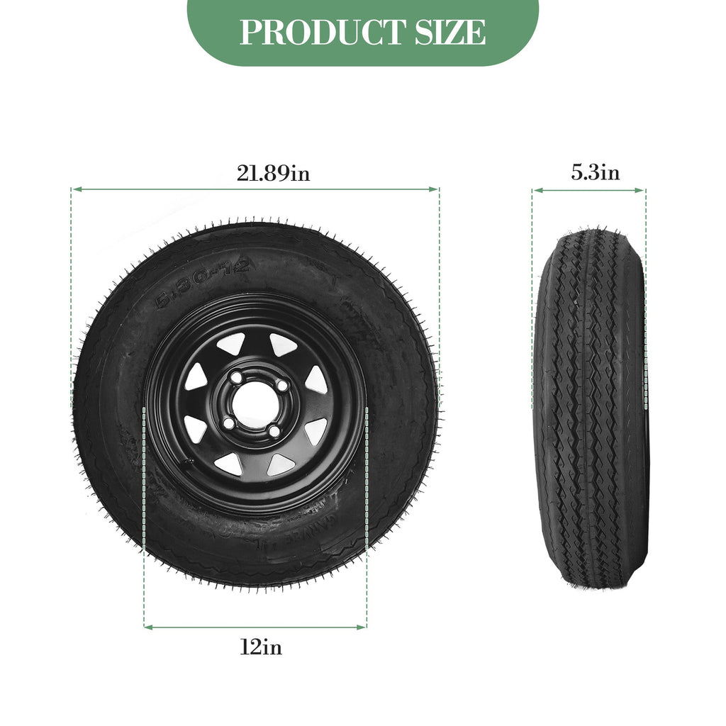 Garvee 5.30-12 Trailer Tires with Rims, 2 Pack, Load Range C 6PLY, 12"x4" Black Wheels 4 Lug on 4", Max Load 1050 LBS @ 80 PSI, Reinforced Nylon Design for Utility, Cargo & Camper Trailers