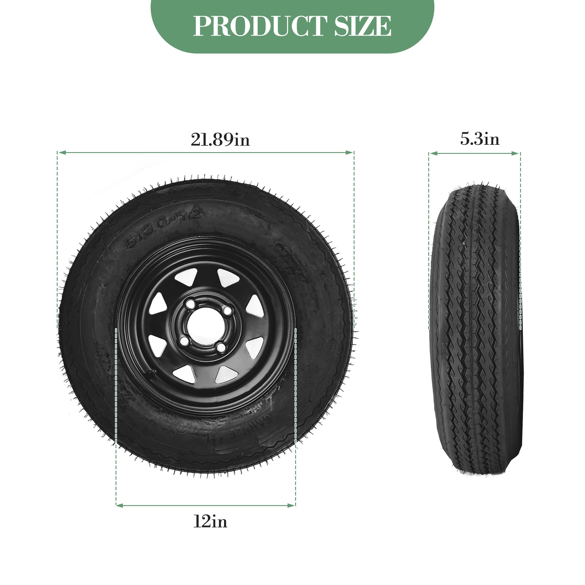 Garvee 5.30-12 Trailer Tires with Rims, 2 Pack, Load Range C 6PLY, 12"x4" Black Wheels 4 Lug on 4", Max Load 1050 LBS @ 80 PSI, Reinforced Nylon Design for Utility, Cargo & Camper Trailers