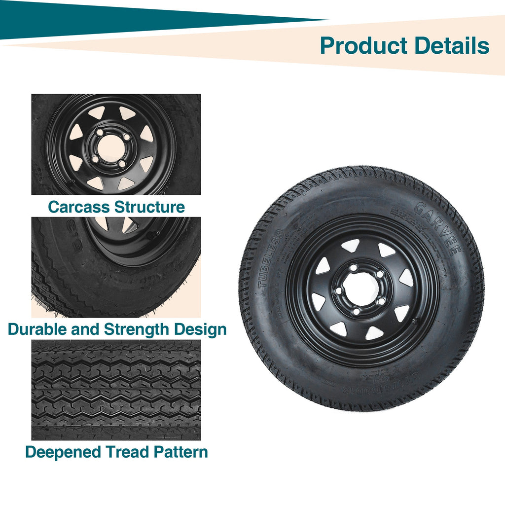 Garvee 2-Pack ST175/80D13 Trailer Tires on 13" Rims, 5 Lug 4.5" PCD, Load Range C 6PR, Black Trailer Wheels
