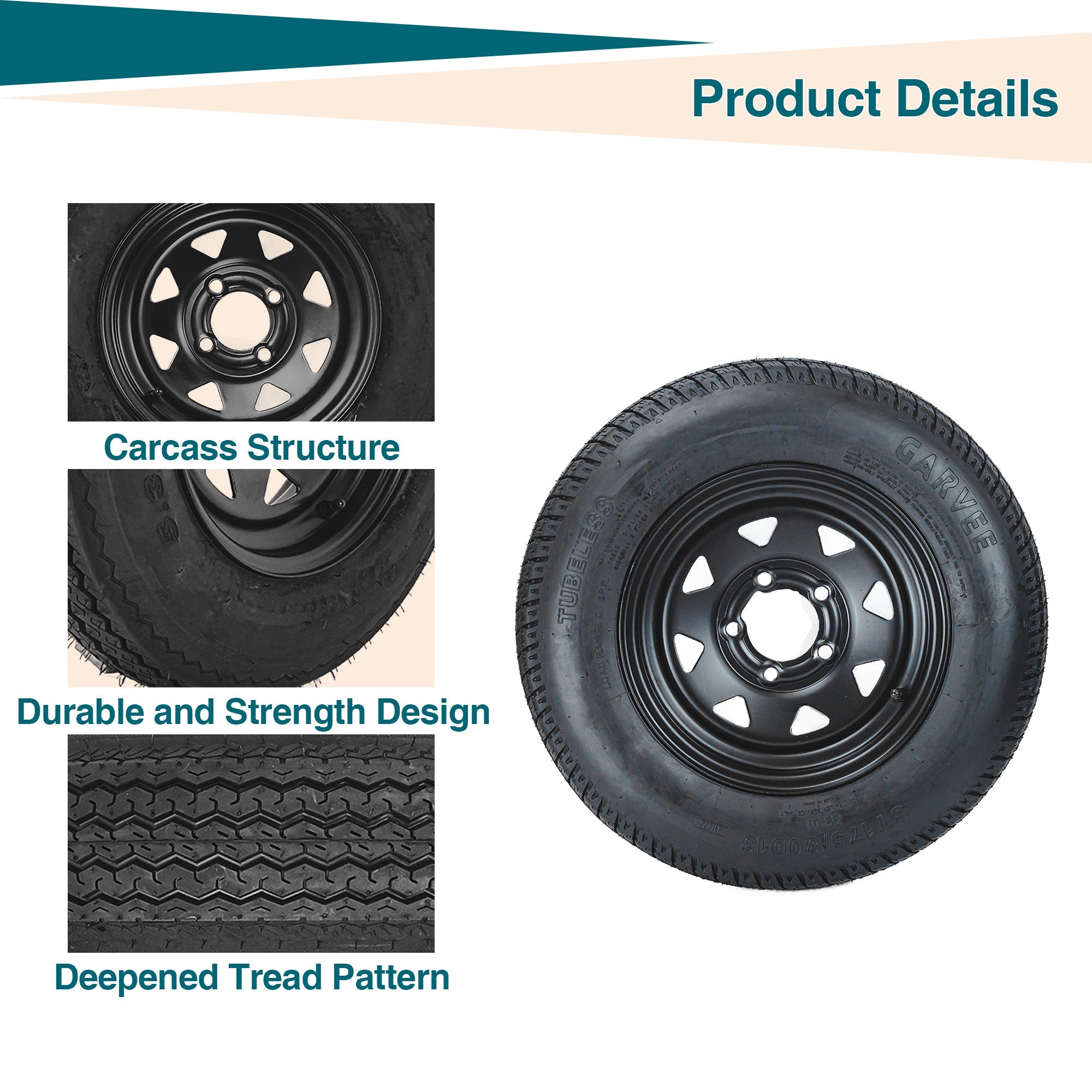 Garvee 2-Pack ST175/80D13 Trailer Tires on 13" Rims, 5 Lug 4.5" PCD, Load Range C 6PR, Black Trailer Wheels