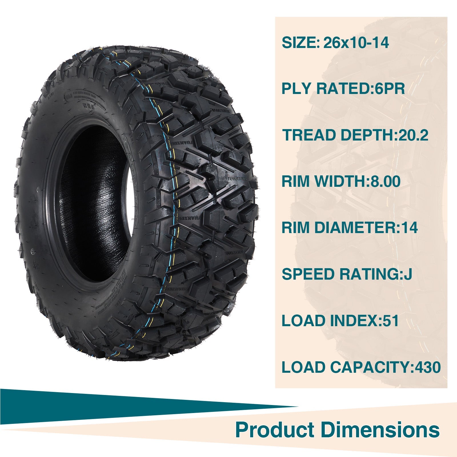 Garvee 26x10-14 ATV Tires (Set of 2) - 6PR Tubeless Heavy-Duty All-Terrain Tires for ATV/UTV, Ideal for Mud, Sand, Dirt, Snow, & Off-Road