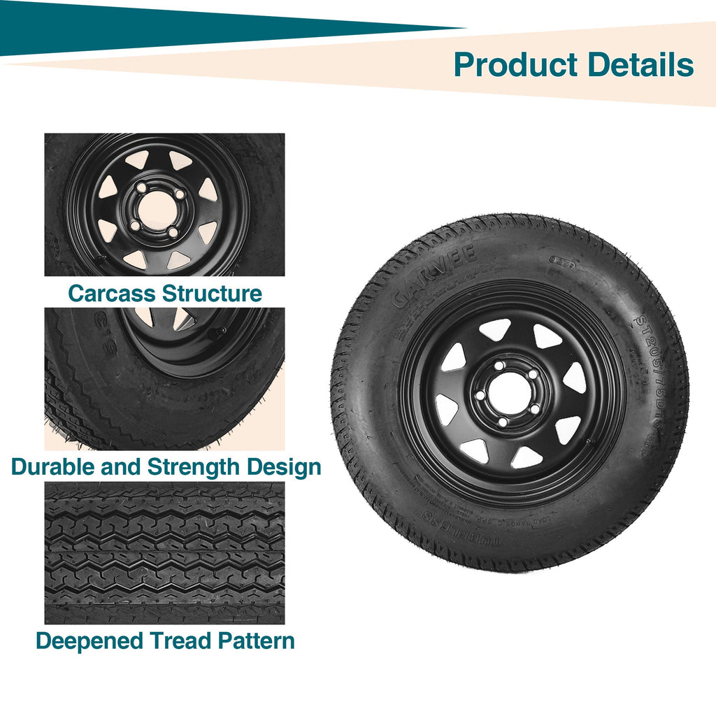Garvee 2-Pack Trailer Tire On Rim ST205/75D15 15In Black 5 Lug 4.5" PCD Load Range C