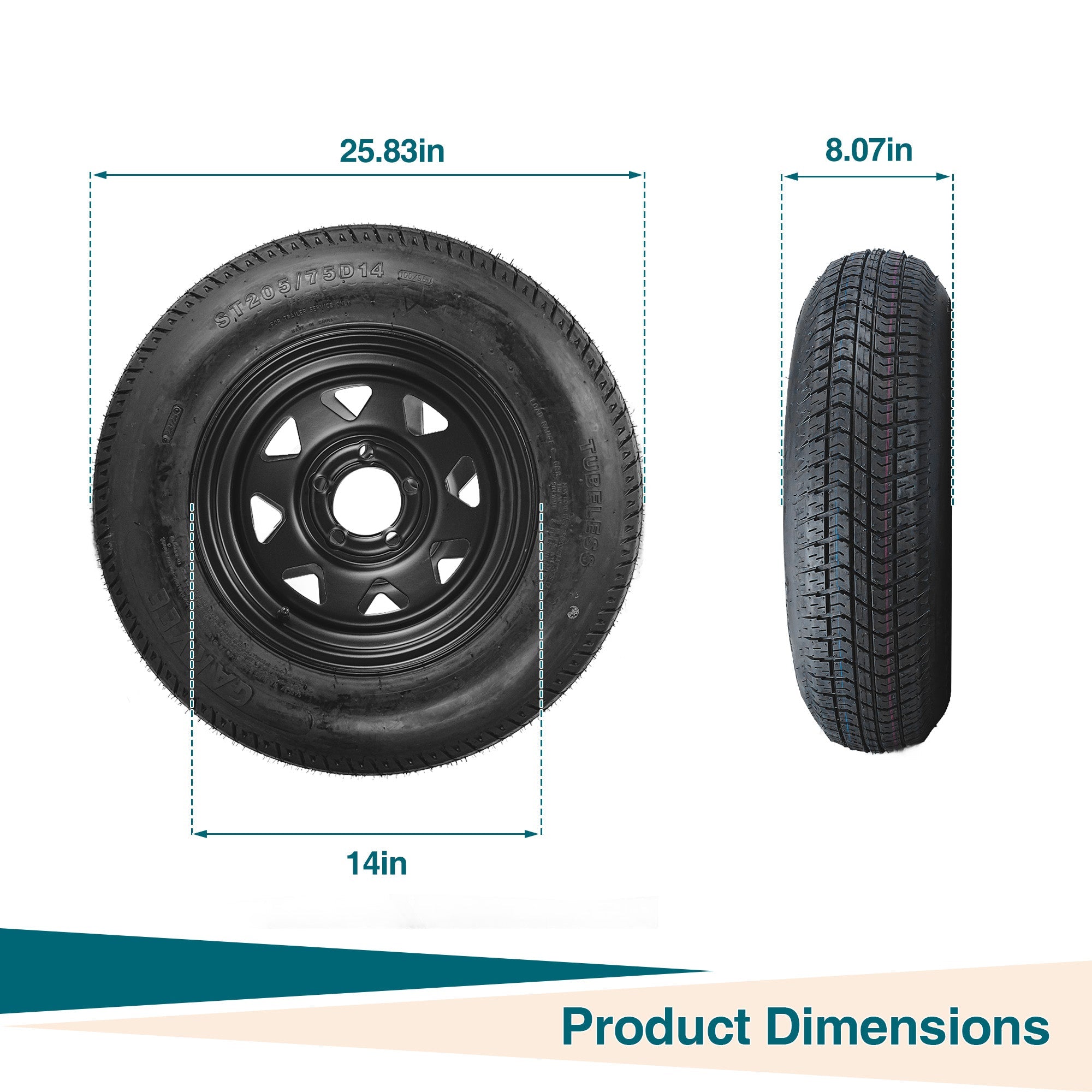 Garvee 2-Pack Trailer Tire On Rim ST205/75D14 14In Black 5 Lug 4.5" PCD Load Range C