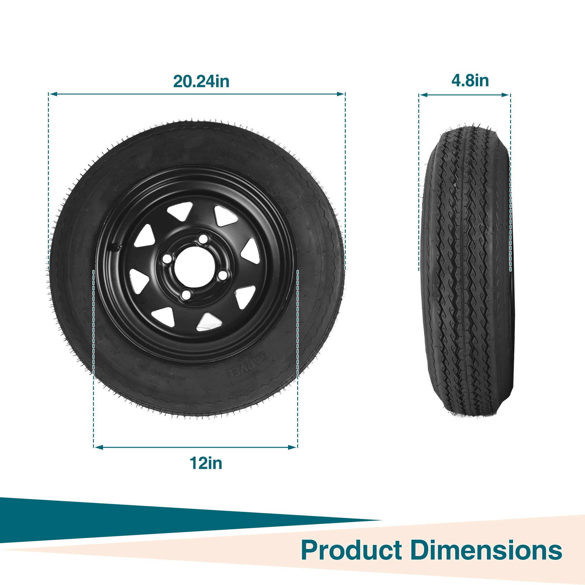 Garvee 2-Pack Trailer Tire On Rim 4.80-12 480-12 4.80x12 Trailer Tires 4 Lug 4" PCD 12In Wheels Black