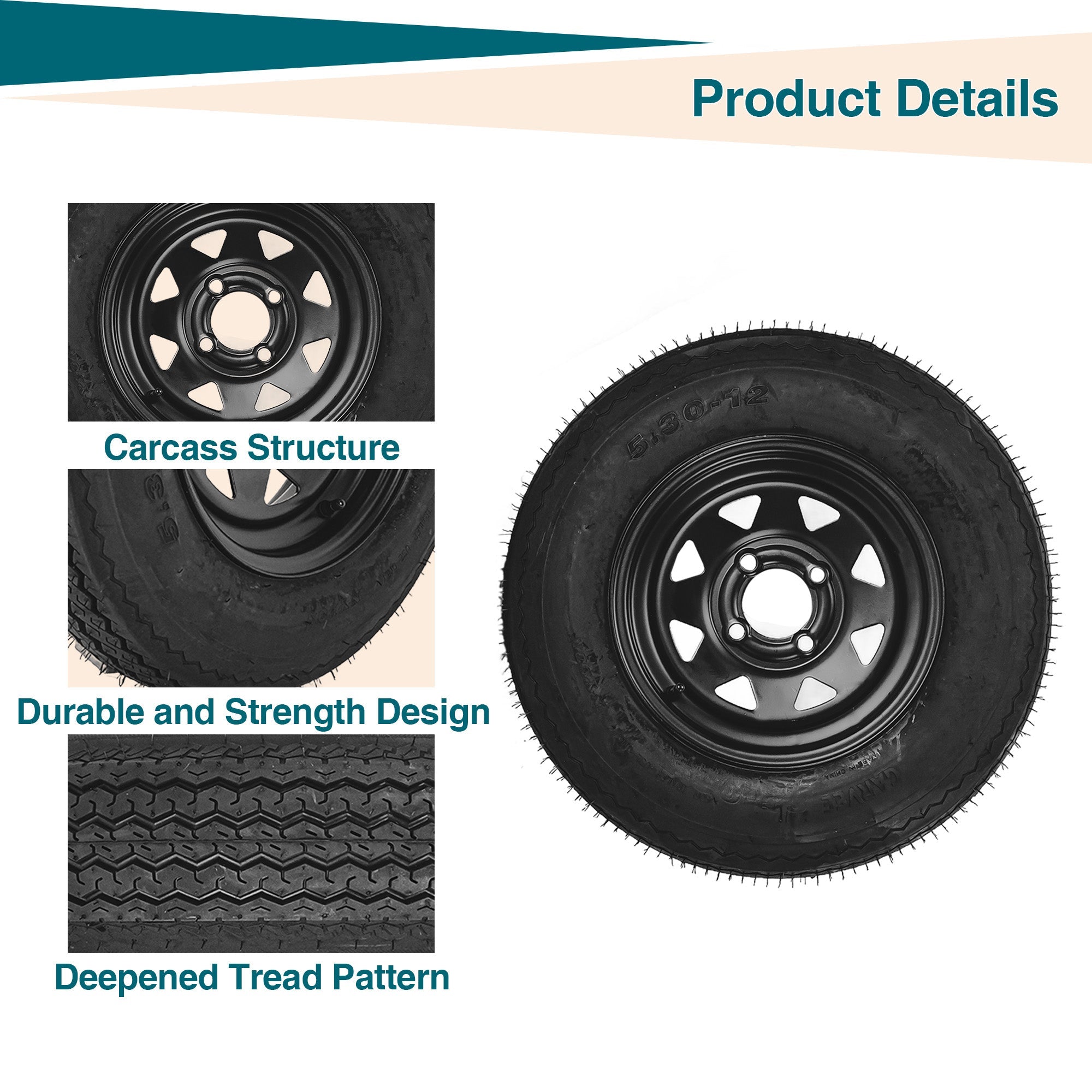 Garvee 5.30-12 Trailer Tires with Rims, 2 Pack, Load Range C 6PLY, 12"x4" Black Wheels 4 Lug on 4", Max Load 1050 LBS @ 80 PSI, Reinforced Nylon Design for Utility, Cargo & Camper Trailers