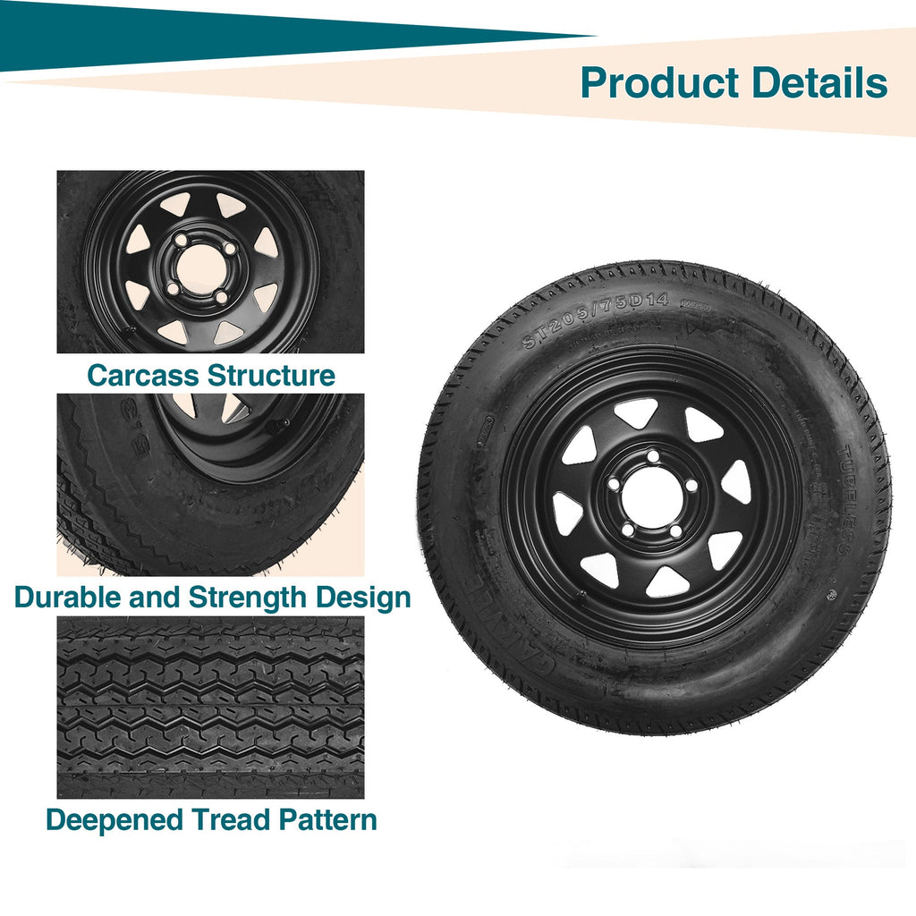 Garvee 2-Pack Trailer Tire On Rim ST205/75D14 14In Black 5 Lug 4.5" PCD Load Range C