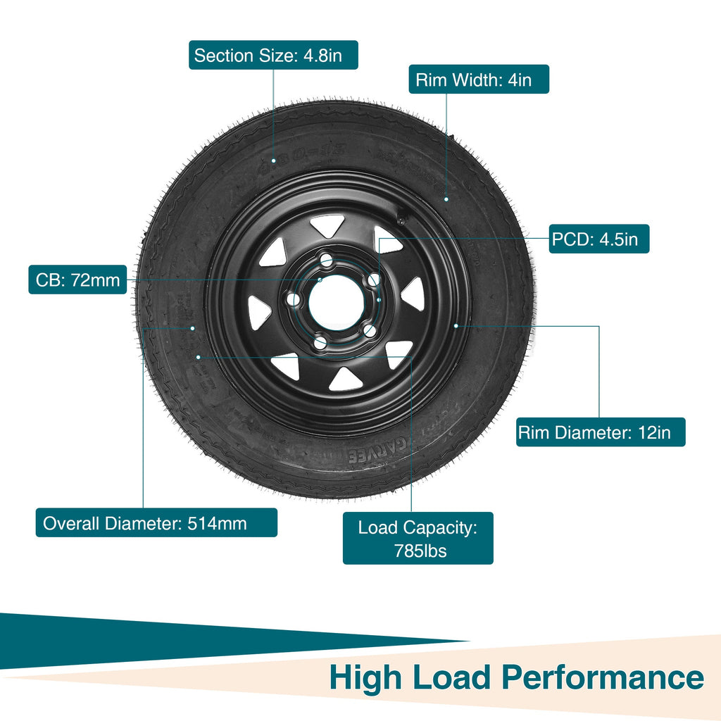 Garvee 2-Pack Trailer Tire On Rim 4.80-12 5 Lug Utility Trailer Tires 12In Black