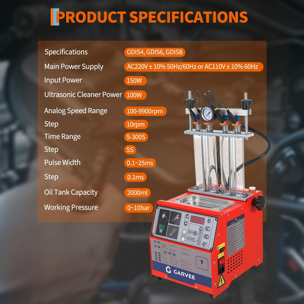 Garvee Fuel Injector Tester & Cleaner, 1-in-1 100W Ultrasonic, Resistance/Flow/Pulse Test, Adjustable 0.1-25ms Pulse Width, for 4 Cylinder Gasoline Engines, Auto Repair Tool
