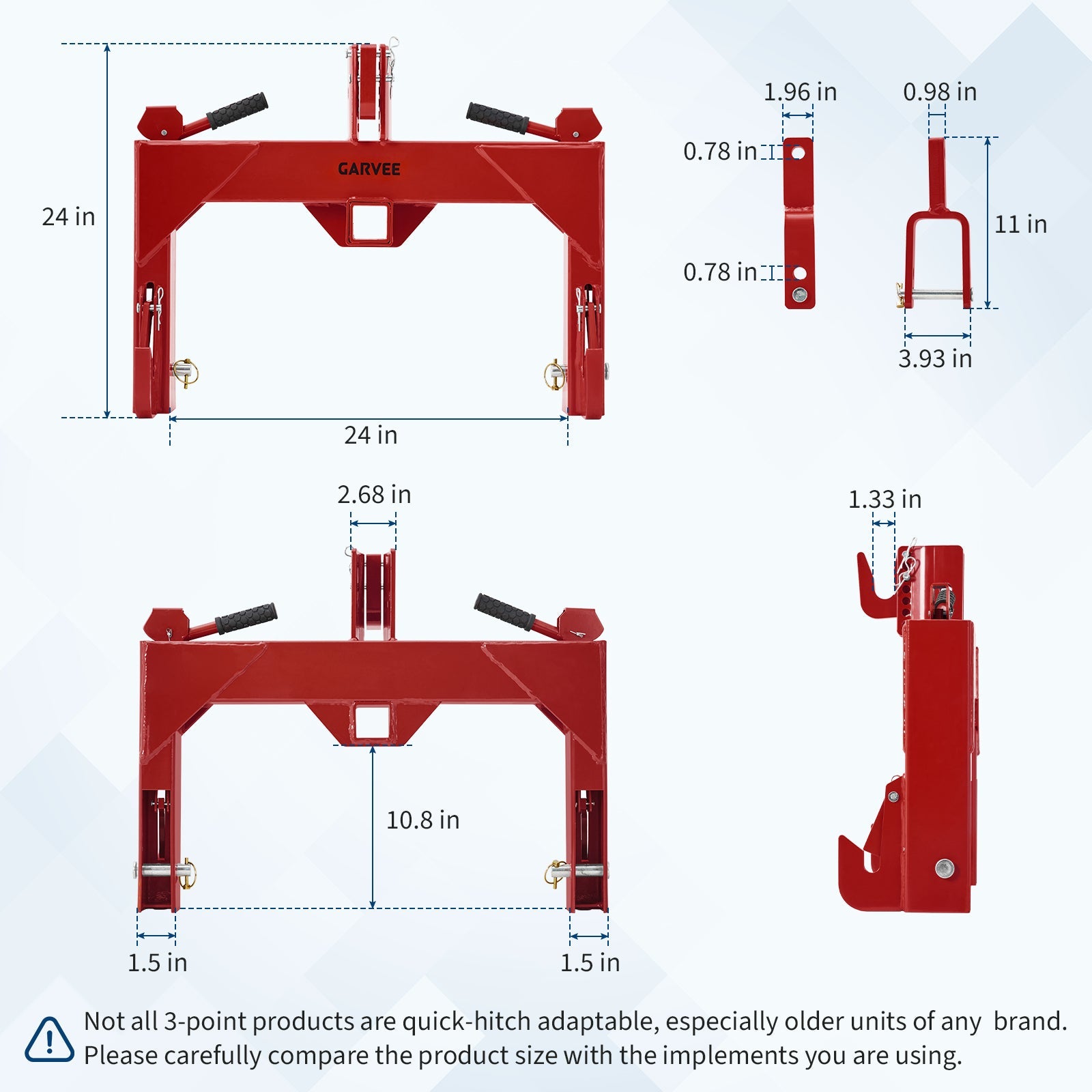 Garvee Heavy-Duty 3-Point Quick Hitch Adapter with 2" Receiver – Reinforced Rib – 3000 lbs Lift – No Bushing Needed – 5-Level Adjustable Bolt – Category 1 Tractor Attachment – Durable Metal – Red Powder Coated Finish