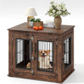 Garvee Medium Farmhouse Dog Crate Furniture End Table, Heavy Duty Wooden Kennel Cabinet with Double Doors for Small/Medium Dogs, Chew-Resistant Indoor Dog House Console for Living Room