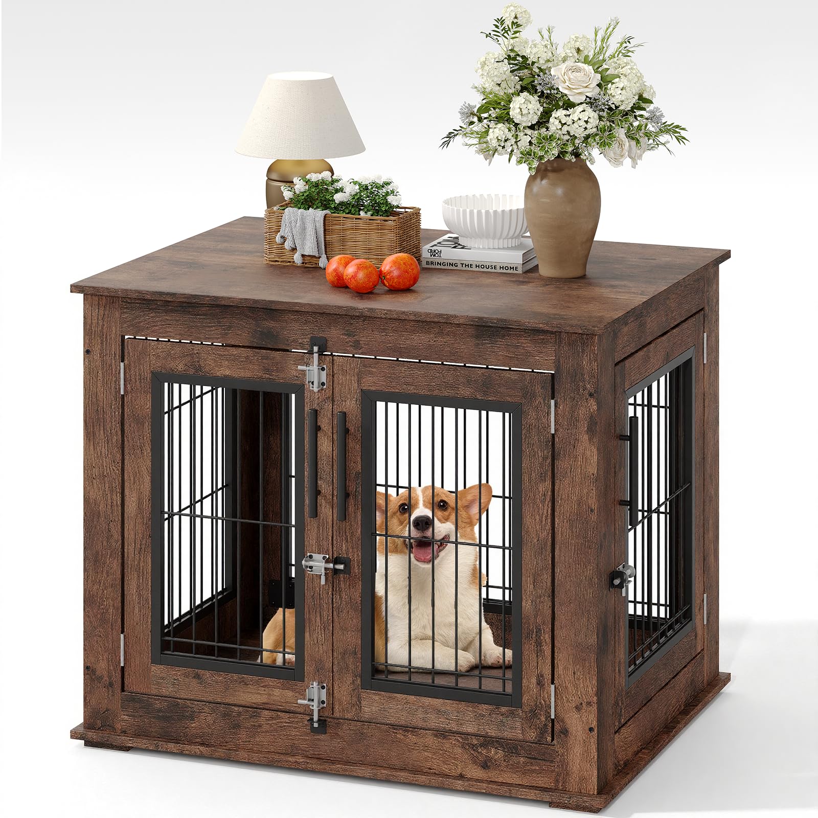 Garvee Medium Farmhouse Dog Crate Furniture End Table, Heavy Duty Wooden Kennel Cabinet with Double Doors for Small/Medium Dogs, Chew-Resistant Indoor Dog House Console for Living Room