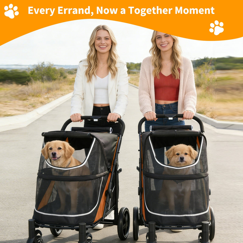 Garvee Large Dog Stroller for Large Dogs 88 lbs, One-Step Fold Pet Stroller with 11" All-Terrain Wheels, 360° Rotatable Front Wheels & Brakes, Heavy Duty, Dual Entry Doors for Senior Dogs, Orange