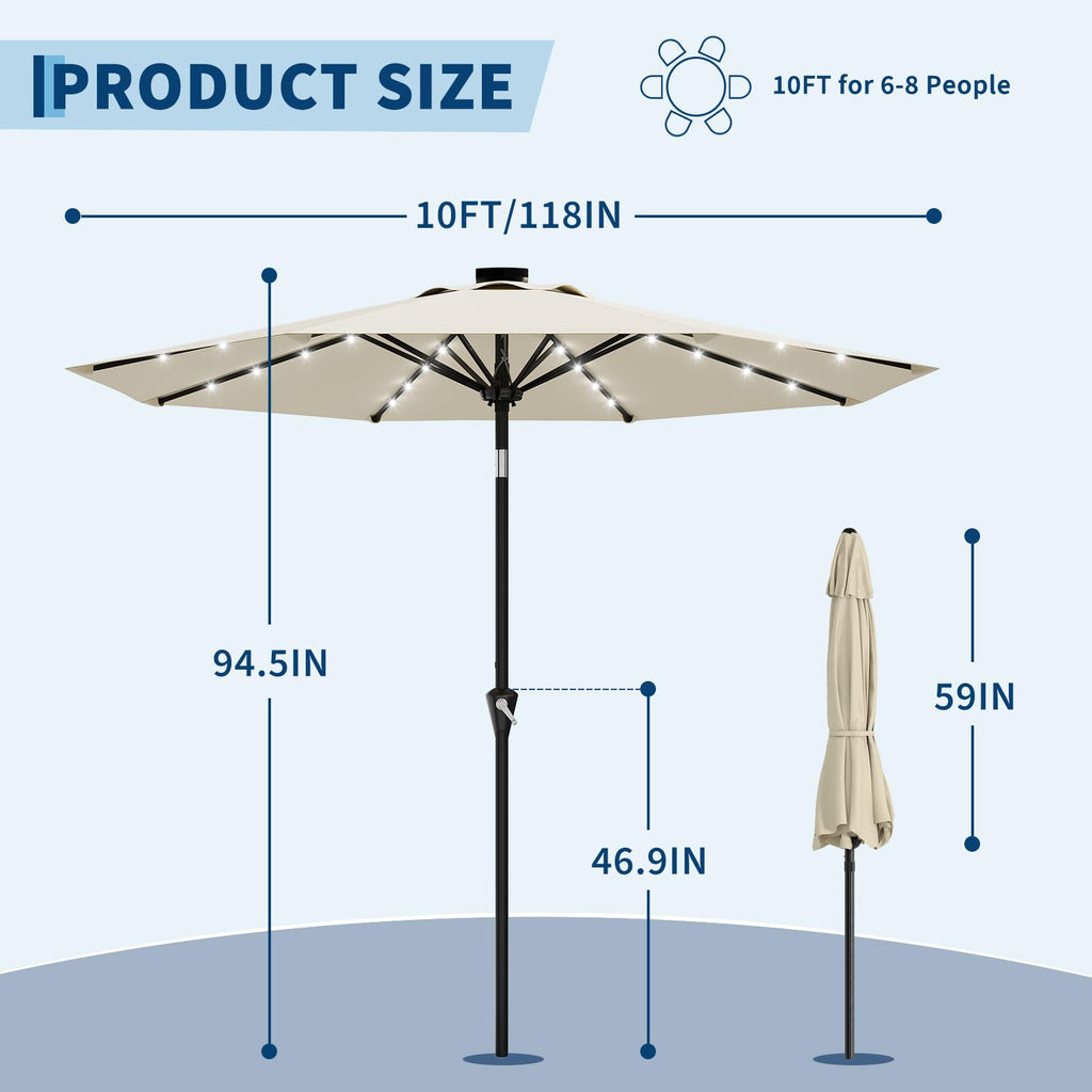 Garvee 10 ft Solar Patio Umbrella with 32 LED Lights, Outdoor Market Umbrella with Crank Lift & Tilt, UV-Resistant Canopy for Pool, Garden & Backyard, Beige